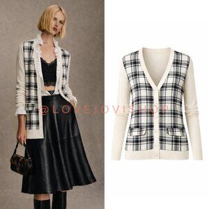 Dark Acadamia | Equipment Fine Knit Wool w Plaid Panel Cardigan | Cream & Black